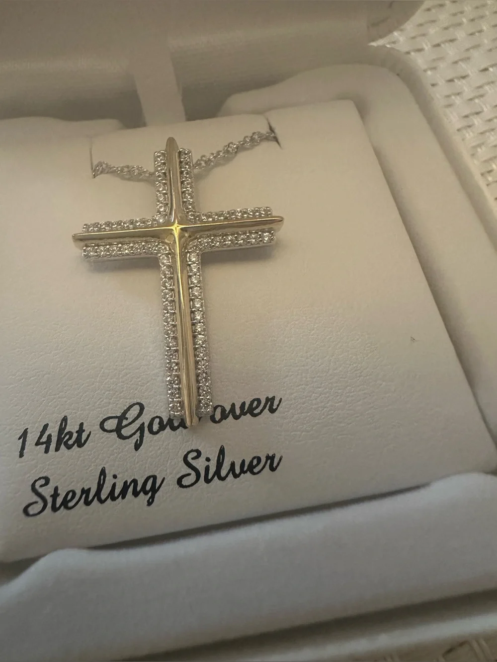 Ladies two toned cross pendant with cubic zirconias 18”new in box